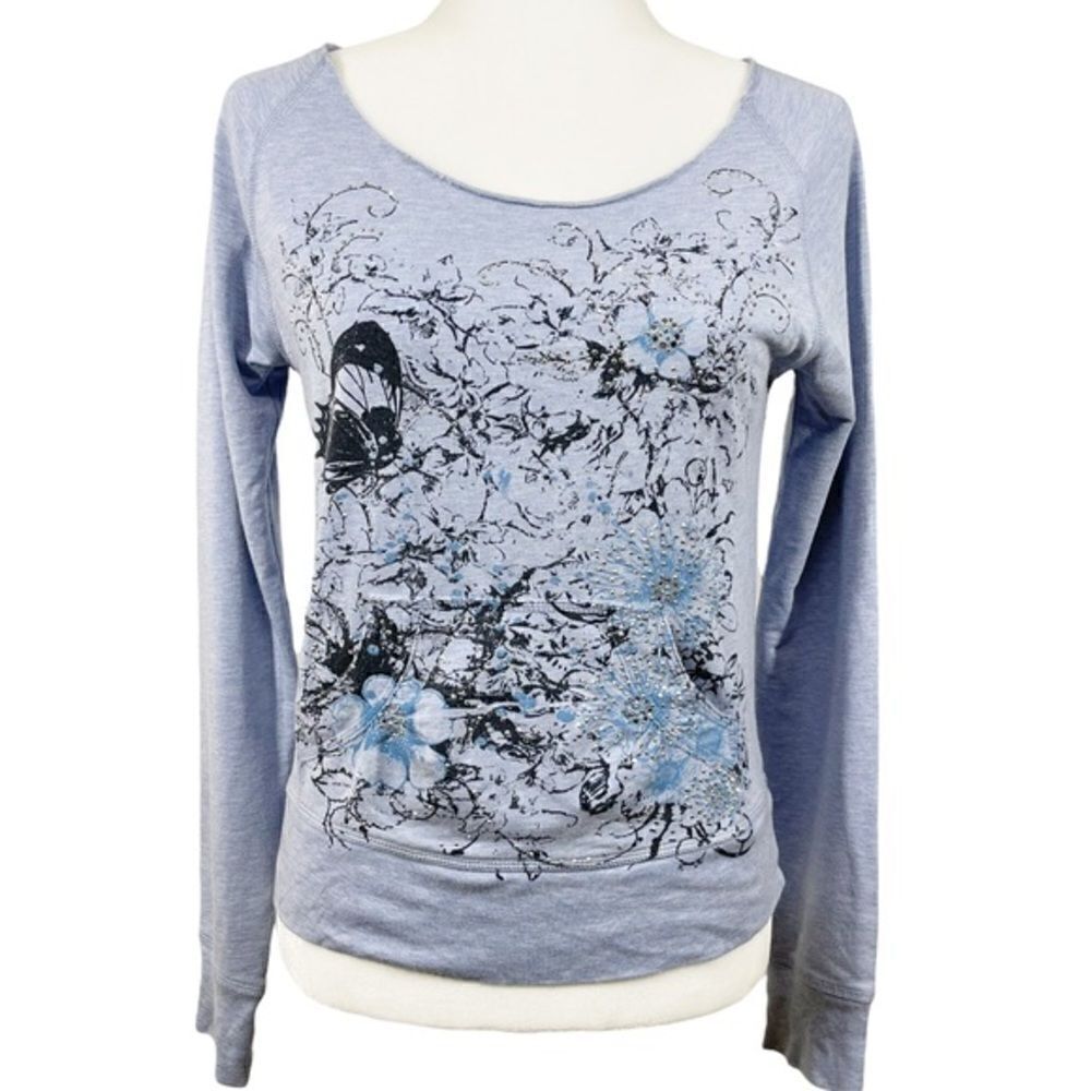 Express Floral Embellished Boatneck Sweatshirt Blue Silver Medium
